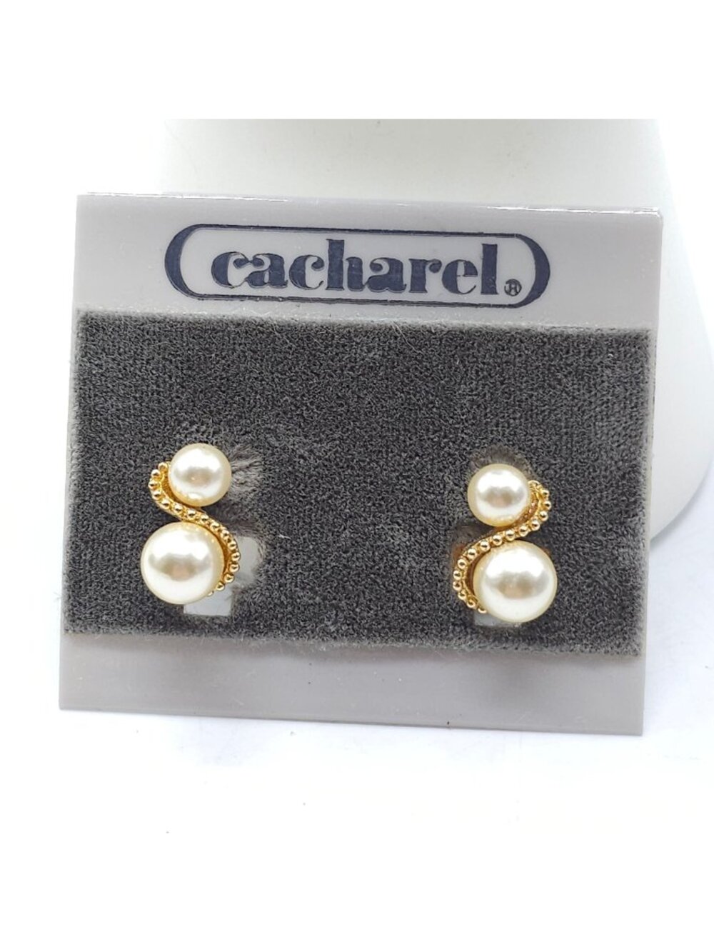 Cacharel Double Faux Pearl Gold-Tone Clip-On Earrings Elegant Swirl Design